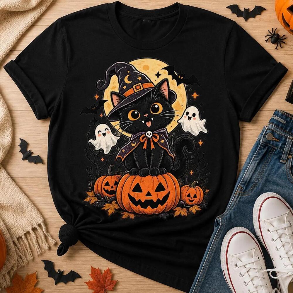 Black Cat Halloween Shirt, Witch Cat T-Shirt, Spooky Pumpkin Tee, Cute